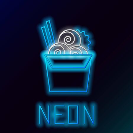 Blue glowing neon line Asian noodles in paper box and chopsticks icon isolated on black background. Street fast food menu. Korean, Japanese, Chinese food. Colorful outline concept. Vector Illustrationのイラスト素材