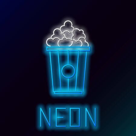 Blue glowing neon line Popcorn in cardboard box icon isolated on black background. Popcorn bucket box. Colorful outline concept. Vector Illustrationのイラスト素材
