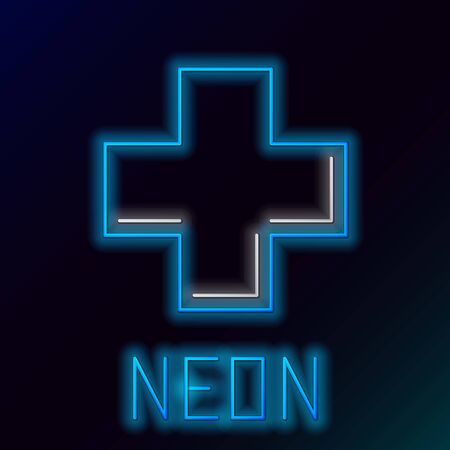 Blue glowing neon line Cross hospital medical icon isolated on black background. First aid. Diagnostics symbol. Medicine and pharmacy sign. Colorful outline concept. Vector Illustrationのイラスト素材