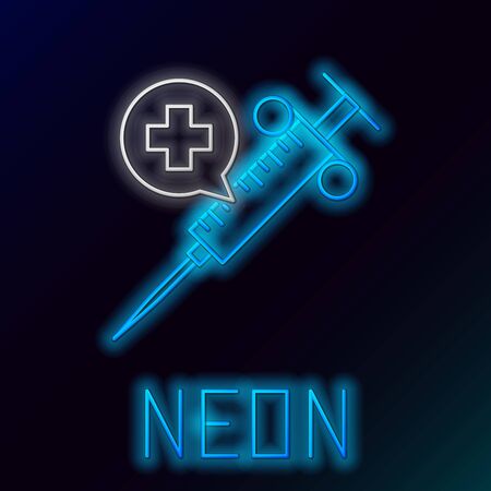 Blue glowing neon line Medical syringe with needle icon isolated on black background. Vaccination, injection, vaccine, insulin concept. Colorful outline concept. Vector Illustrationのイラスト素材