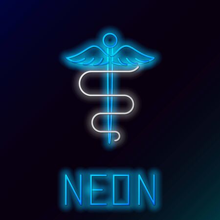 Blue glowing neon line Caduceus snake medical symbol icon on black background. Medicine and health care. Emblem for drugstore or medicine, pharmacy. Colorful outline concept. Vector Illustrationのイラスト素材