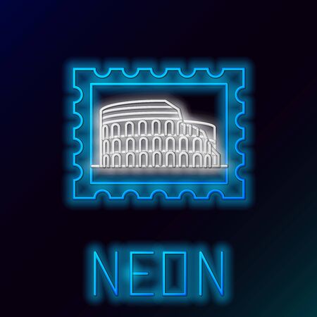Blue glowing neon line Postal stamp and Coliseum icon isolated on black background. Colosseum sign. Symbol of Ancient Rome, gladiator fights. Colorful outline concept. Vector Illustrationのイラスト素材