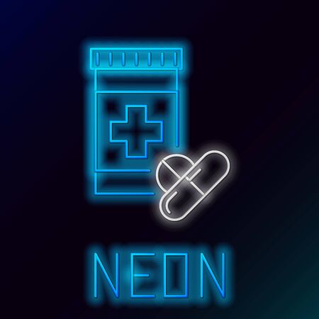 Blue glowing neon line Medicine bottle and pills icon isolated on black background. Bottle pill sign. Pharmacy design. Colorful outline concept. Vector Illustrationのイラスト素材