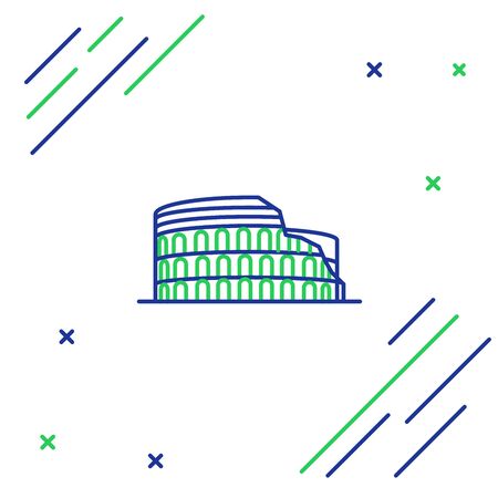 Blue and green line Coliseum in Rome, Italy icon isolated on white background. Colosseum sign. Symbol of Ancient Rome, gladiator fights. Colorful outline concept. Vector Illustrationのイラスト素材