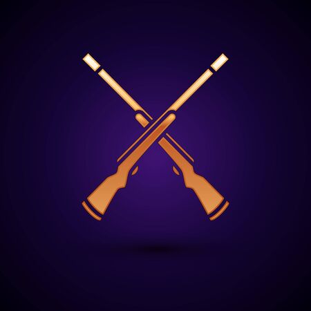 Gold Two crossed shotguns icon isolated on dark blue background. Hunting gun. Vector Illustrationのイラスト素材