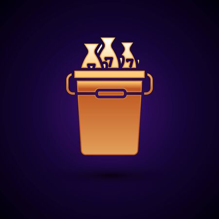 Gold Fishing bucket with fishes icon isolated on dark blue background. Fish in a bucket. Vector Illustrationのイラスト素材