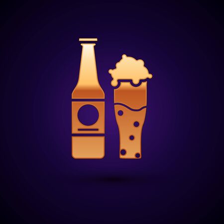 Gold Beer bottle and glass icon isolated on dark blue background. Alcohol Drink symbol. Vector Illustrationのイラスト素材