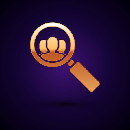 Gold Magnifying glass for search a people icon isolated on dark blue background. Recruitment or selection concept. Search for employees and job. Vector Illustrationのイラスト素材