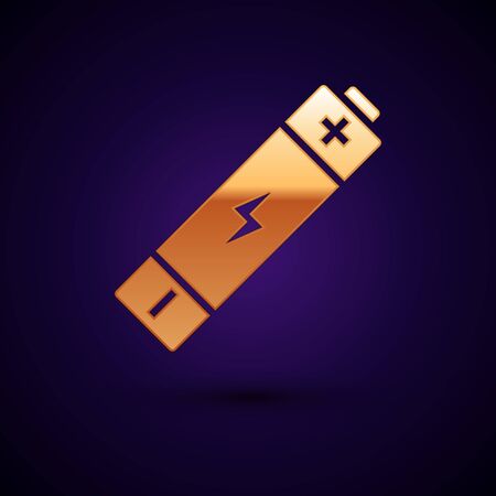 Gold Battery icon isolated on dark blue background. Lightning bolt symbol. Vector Illustrationのイラスト素材