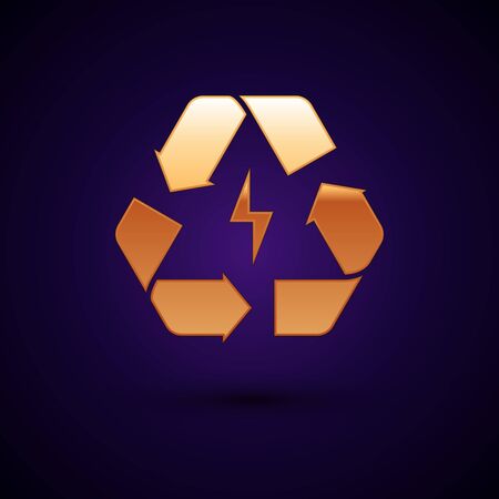 Gold Battery with recycle symbol line icon isolated on dark blue background. Battery with recycling symbol - renewable energy concept. Vector Illustrationのイラスト素材