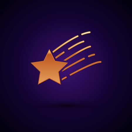 Gold Falling star icon isolated on dark blue background. Shooting star with star trail. Meteoroid, meteorite, comet, asteroid, star icon. Vector Illustrationのイラスト素材