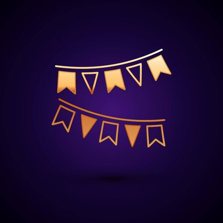 Gold Carnival garland with flags icon isolated on dark blue background. Party pennants for birthday celebration, festival and fair decoration. Vector Illustrationのイラスト素材