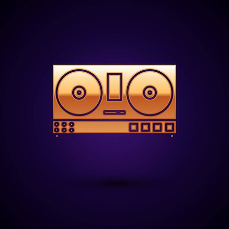Gold DJ remote for playing and mixing music icon isolated on dark blue background. DJ mixer complete with vinyl player and remote control. Vector Illustrationのイラスト素材