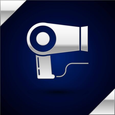 Silver Hair dryer icon isolated on dark blue background. Hairdryer sign. Hair drying symbol. Blowing hot air. Vector Illustrationのイラスト素材
