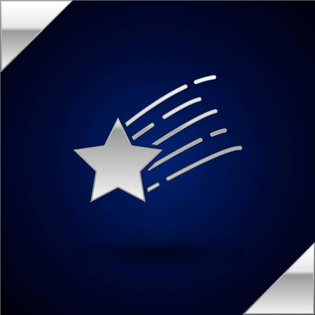 Silver Falling star icon isolated on dark blue background. Shooting star with star trail. Meteoroid, meteorite, comet, asteroid, star icon. Vector Illustrationのイラスト素材