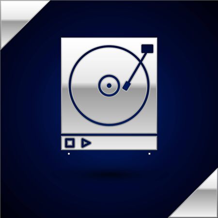 Silver Vinyl player with a vinyl disk icon isolated on dark blue background. Vector Illustrationのイラスト素材
