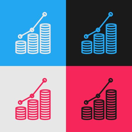 Color line Pie chart infographic and coin icon isolated on color background. Diagram chart sign. Vintage style drawing. Vector Illustrationのイラスト素材
