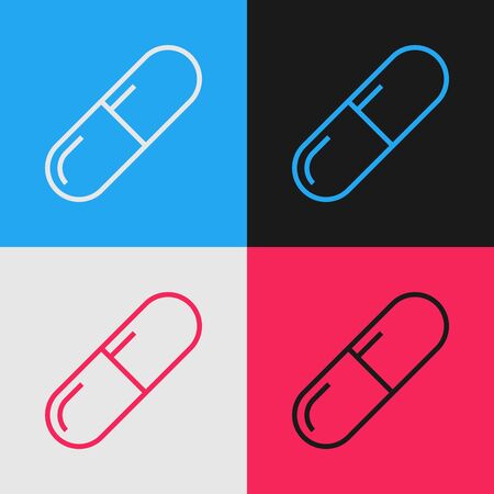 Color line Medicine pill or tablet icon isolated on color background. Capsule pill and drug sign. Pharmacy design. Vintage style drawing. Vector Illustrationのイラスト素材