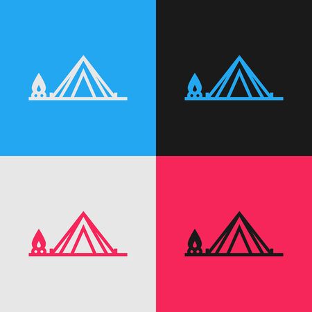 Color line Tourist tent with wood fire icon isolated on color background. Camping symbol. Vintage style drawing. Vector Illustrationのイラスト素材