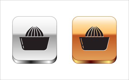 Black Citrus fruit juicer icon isolated on white background. Silver-gold square button. Vector Illustrationのイラスト素材