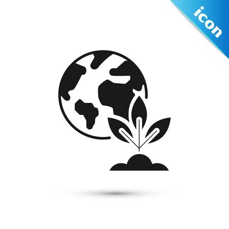Black Earth globe and plant icon isolated on white background. World or Earth sign. Geometric shapes. Environmental concept. Vector Illustrationのイラスト素材