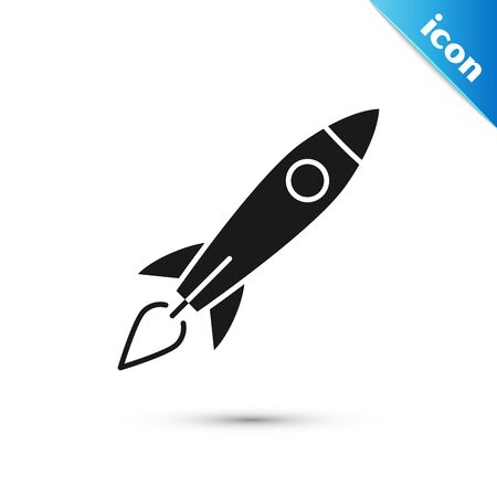Black Rocket ship with fire icon isolated on white background. Space travel. Vector Illustrationのイラスト素材