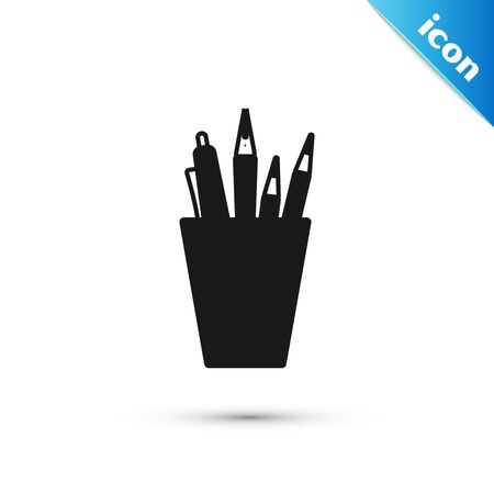 Black Pencil case stationery icon isolated on white background. Pencil, pen, ruler in a glass for office. Vector Illustrationのイラスト素材