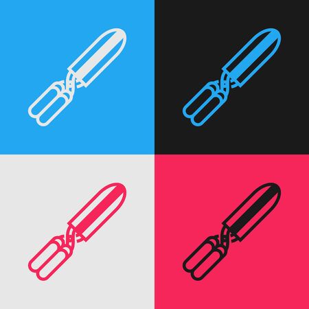 Color line Gardening handmade scissors for trimming icon isolated on color background. Pruning shears with wooden handles. Vintage style drawing. Vector Illustrationのイラスト素材