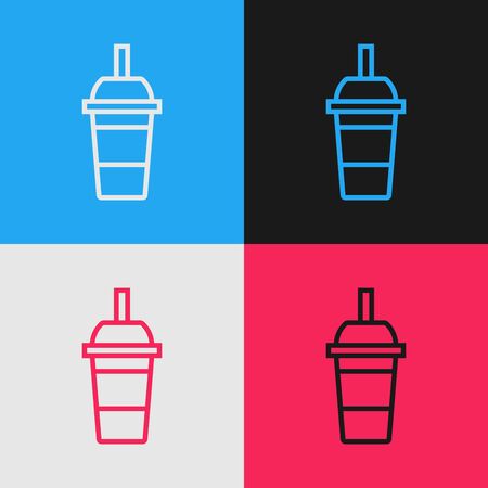 Color line Paper glass with drinking straw and water icon isolated on color background. Soda drink glass. Fresh cold beverage symbol. Vintage style drawing. Vector Illustrationのイラスト素材