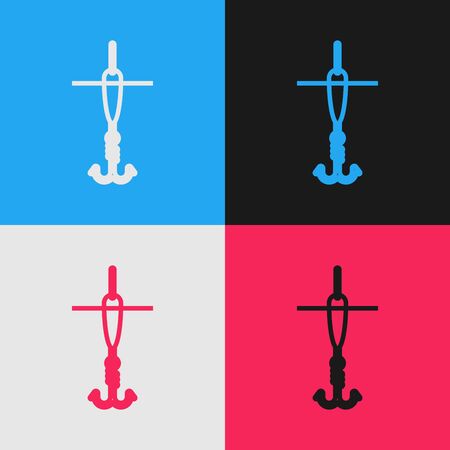 Color line Fishing hook and float icon isolated on color background. Fishing tackle. Vintage style drawing. Vector Illustrationのイラスト素材