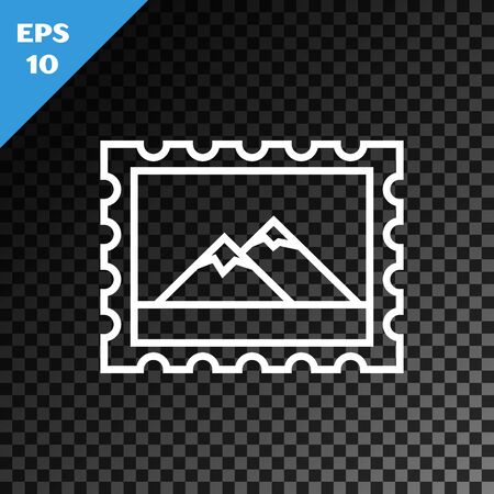White line Postal stamp and Mountains icon isolated on transparent dark background. Vector Illustrationのイラスト素材