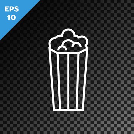 White line Popcorn in cardboard box icon isolated on transparent dark background. Popcorn bucket box. Vector Illustrationのイラスト素材