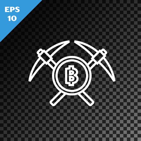 White line Crossed pickaxe icon isolated on transparent dark background. Blockchain technology, cryptocurrency mining, bitcoin, altcoins, digital money market. Vector Illustrationのイラスト素材