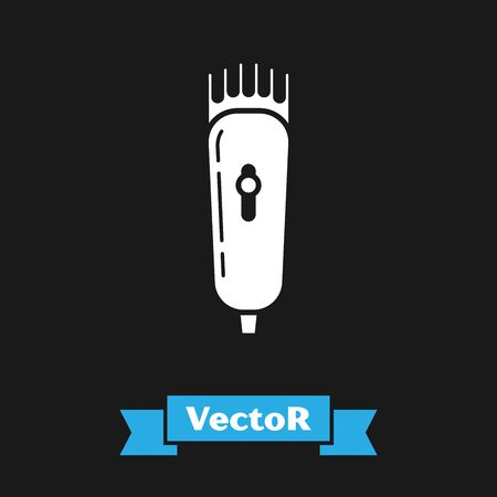 White Electrical hair clipper or shaver icon isolated on black background. Barbershop symbol. Vector Illustrationのイラスト素材