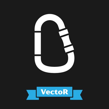 White Carabiner icon isolated on black background. Extreme sport. Sport equipment. Vector Illustrationのイラスト素材