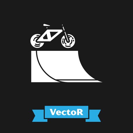 White Bicycle on street ramp icon isolated on black background. Skate park. Extreme sport. Sport equipment. Vector Illustrationのイラスト素材