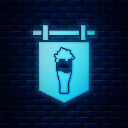 Glowing neon Street signboard with glass of beer icon isolated on brick wall background. Suitable for advertisements bar, cafe, pub, restaurant. Vector Illustrationのイラスト素材