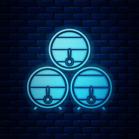 Glowing neon Wooden barrel on rack with stopcock icon isolated on brick wall background. Vector Illustrationのイラスト素材