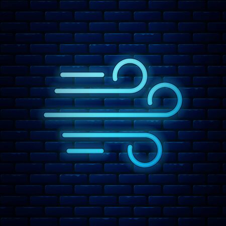 Glowing neon Wind icon isolated on brick wall background. Windy weather. Vector Illustrationのイラスト素材