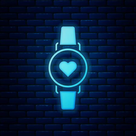 Glowing neon Smart watch showing heart beat rate icon isolated on brick wall background. Fitness App concept. Vector Illustrationのイラスト素材
