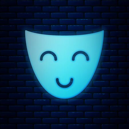 Glowing neon Comedy theatrical mask icon isolated on brick wall background. Vector Illustrationのイラスト素材
