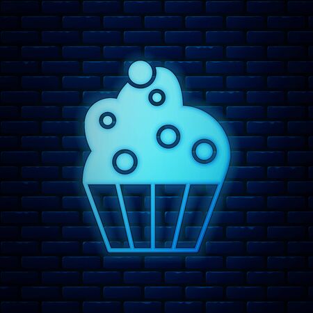Glowing neon Cupcake icon isolated on brick wall background. Vector Illustrationのイラスト素材
