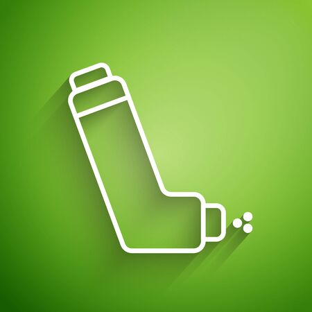 White line Inhaler icon isolated on green background. Breather for cough relief, inhalation, allergic patient. Medical allergy asthma inhaler spray. Vector Illustrationのイラスト素材