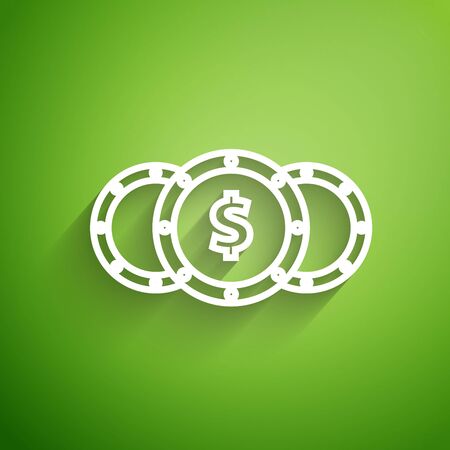 White line Coin money with dollar symbol icon isolated on green background. Banking currency sign. Cash symbol. Vector Illustrationのイラスト素材
