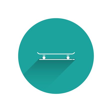 White Skateboard icon isolated with long shadow. Extreme sport. Sport equipment. Green circle button. Vector Illustrationのイラスト素材