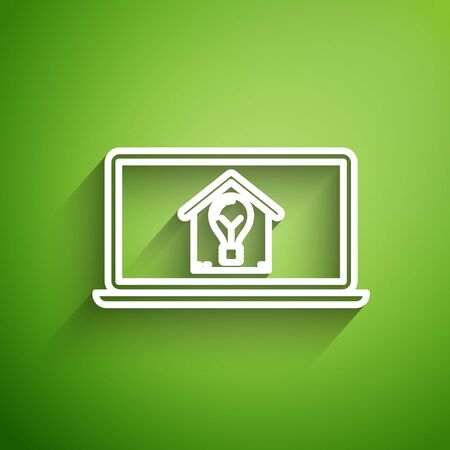 White line Laptop with smart house and light bulb icon isolated on green background. Vector Illustrationのイラスト素材