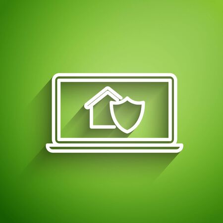 White line Laptop with house under protection icon isolated on green background. Protection, safety, security, protect, defense concept. Vector Illustrationのイラスト素材