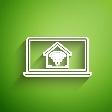 White line Laptop with smart home with wifi icon isolated on green background. Remote control. Vector Illustrationのイラスト素材