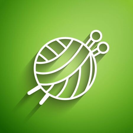 White line Yarn ball with knitting needles icon isolated on green background. Label for hand made, knitting or tailor shop. Vector Illustrationのイラスト素材