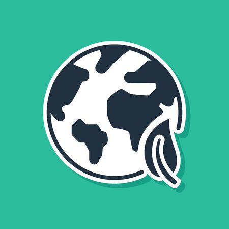 Blue Earth globe and leaf icon isolated on green background. World or Earth sign. Geometric shapes. Environmental concept. Vector Illustrationのイラスト素材